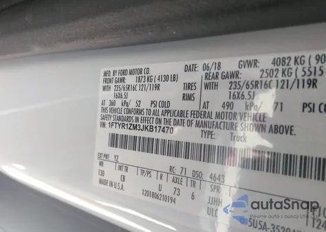 2018 Ford Transit-250 из США, поврежденный, VIN 1FTYR1ZM3JKB17470